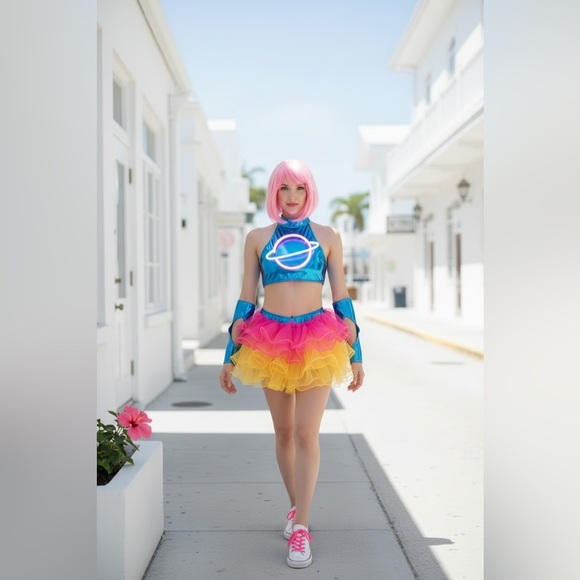 Holographic LED Light Up Planet Crop Pink, Blue Yellow Tulle Tutu Mini Dress Set - Picture 2 of 8